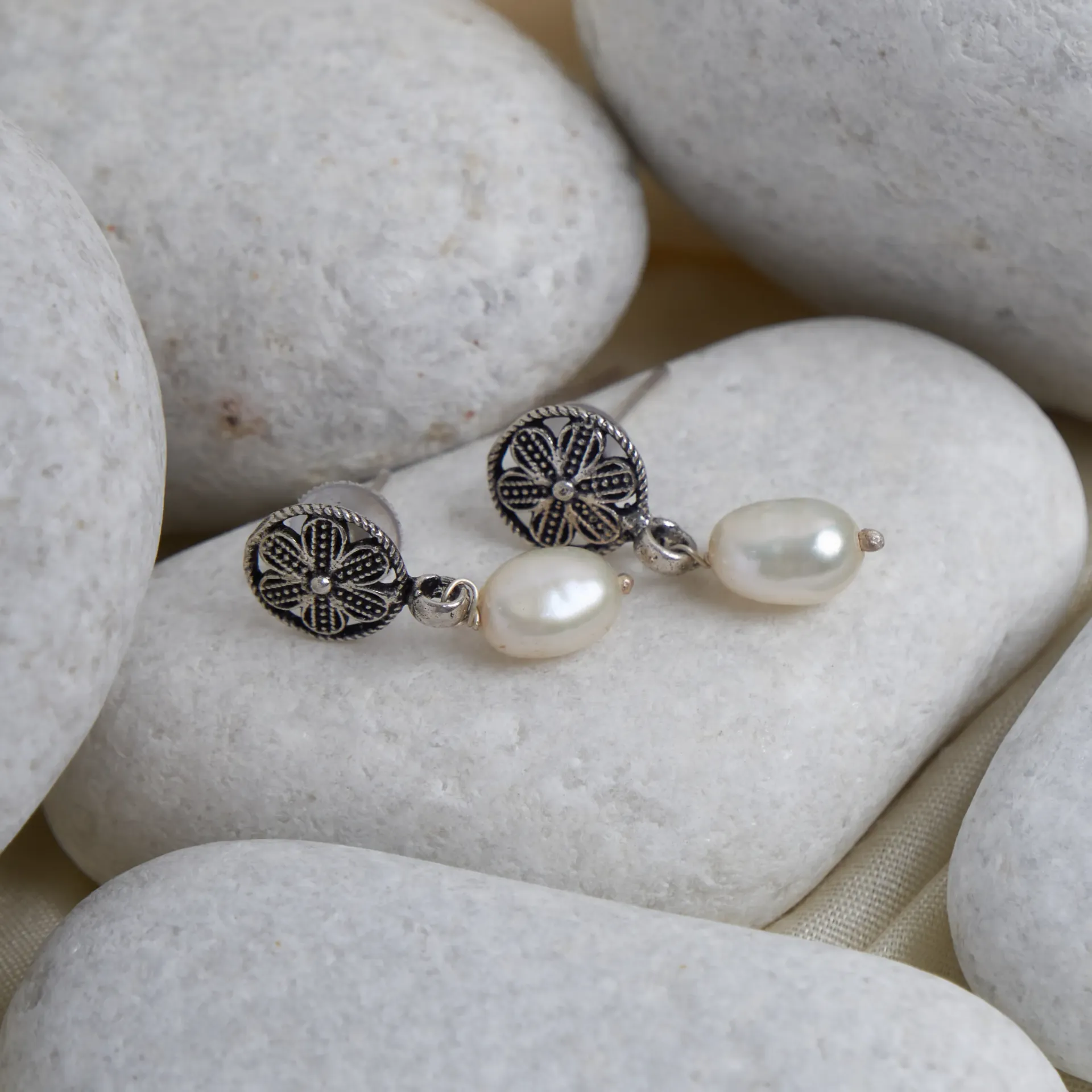 Handcrafted Silver Pearl Drop Earrings – Vintage Style-925 Sterling Silver