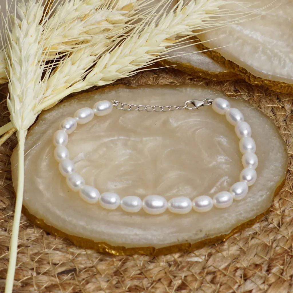 Handmade Rice Pearl Bracelet in Sterling Silver