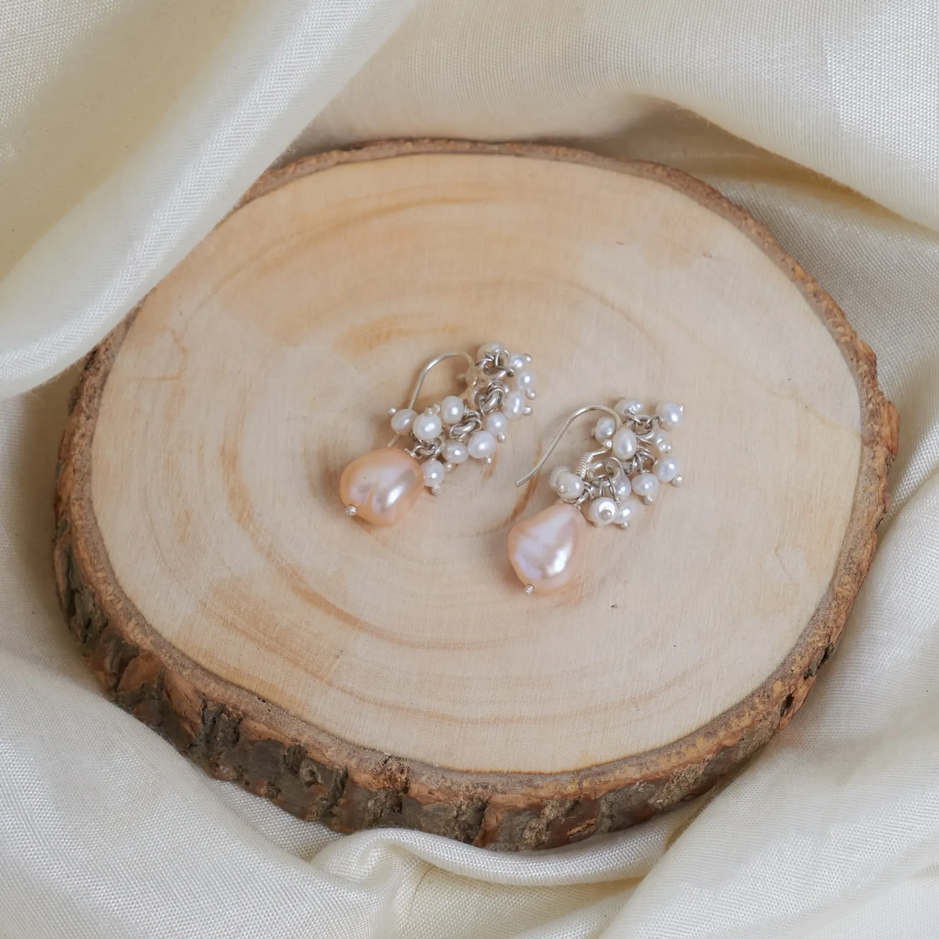 Blush Pearl Cluster Drop Earrings – Elegant Handmade Dangle Jewelry|